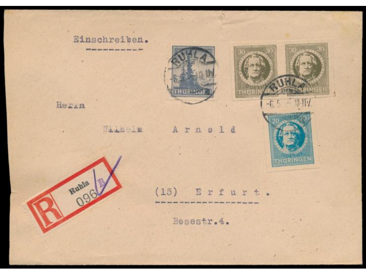 4 Pf. Tannen ungezähnt  (Zähnungsabart) mit 20 Pf. ungezähnt und 2 x 30 Pf. ungezähnt auf Einschreibbrief, Stempel  Ruhla a  