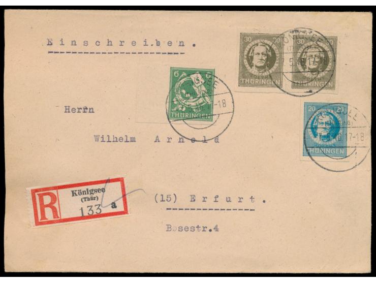 6 Pf. Posthorn ungezähnt  (Zähnungsabart) mit Seitenrand links und 20 Pf. ungezähnt und 2 x 30 Pf. ungezähnt auf Einschreibbr