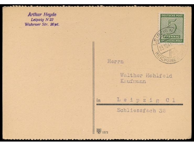 5 Pf. mit amtlicher  Versuchszähnung  als Einzelfrankatur auf Ortskarte, Stempel  Leipzig N 22  23.10.45, portorichtig, Bedar