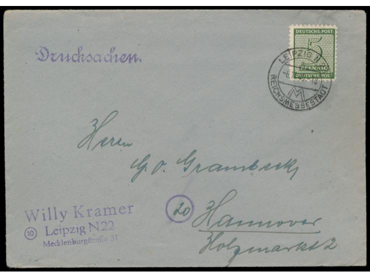Einzelfrankatur 5 Pf. Ziffer mit  Versuchszähnung  L 10 3/4 auf Drucksache 2. Gewicht (1 Pf. überfrankiert), Stempel  Leipzig