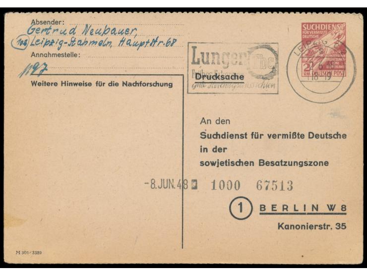 Suchdienst-Ganzsache &nbsp;mit Maschinenstempel &nbsp;Leipzig C 2 &nbsp;2.6.48 nach Berlin, Eingangsnummerator 8.6.48, Bedarf