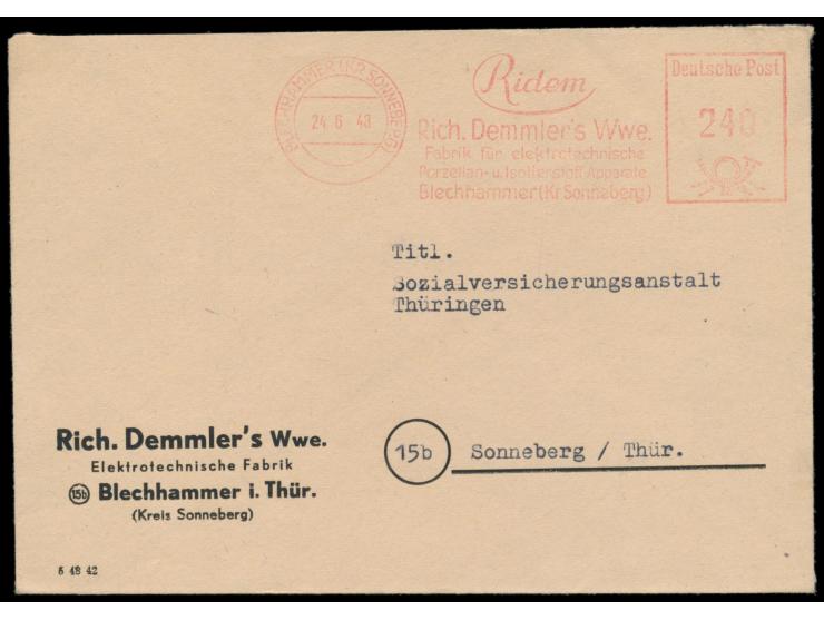 Absenderfreistempel  "Ridem - Rich. Demmler´s Witwe",  Blechhammer (Kr, Sonneberg)  24.6.48, Posthorn-Wertrahmen mit  Zehnfac