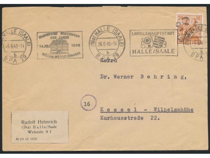24 Pf. mit Bezirkshandstempel &nbsp;20 Halle 2 &nbsp;auf Brief nach Kassel, Maschinenstempel Halle (Saale) BPA 29 26.6.48, rü