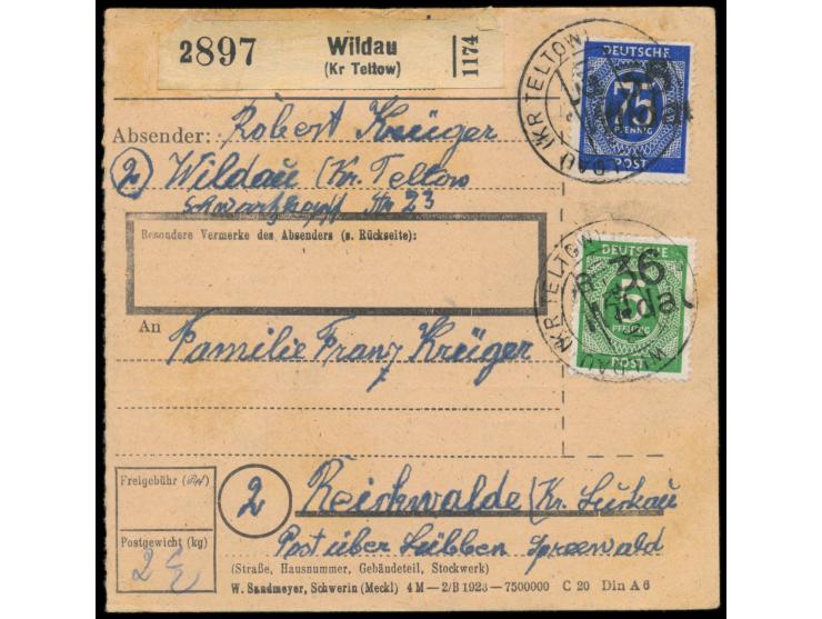 Bezirkshandstempel  a 36 Wildau  auf  5 Pf. und 75 Pf. Ziffer  auf  Paketkarte,  Stempel Wildau (Kr. Teltow) 26.6.48, nach Re