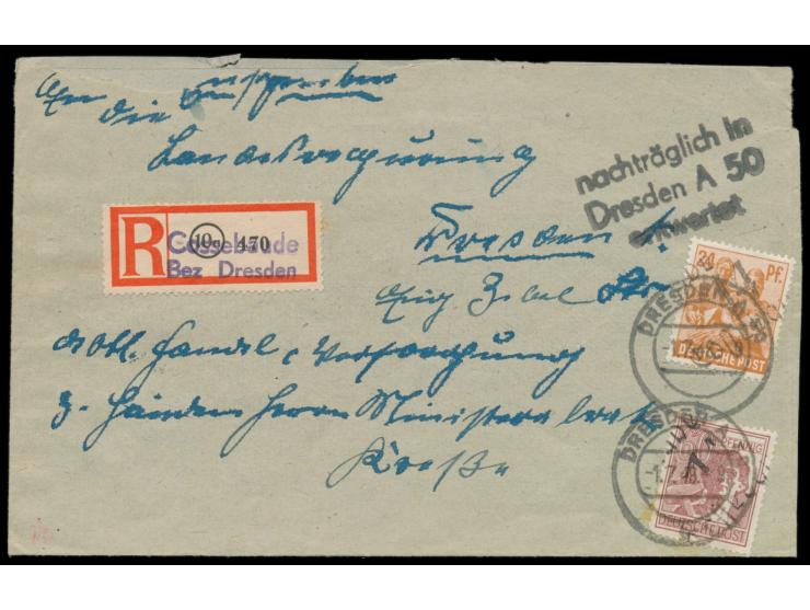 Bezirkshandstempel  14 Cossebaude  auf 24 Pf. und 60 Pf. (kleiner Fleck) auf  Einschreibbrief  an die Landesregierung in Dres