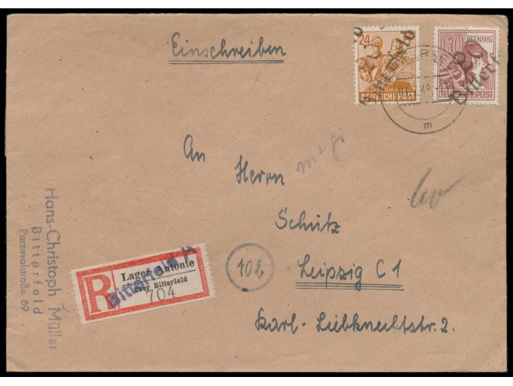 Bezirkshandstempel  20 Bitterfeld  auf 24 Pf. (Typ b) und 60 Pf. (Typ a) auf Einschreibbrief mit Stempel  Bitterfeld  1.7.48 