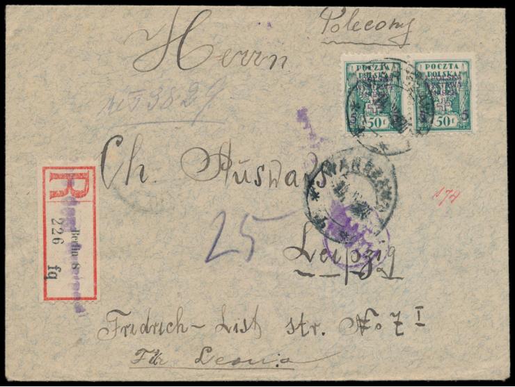 2 x 50 f. "Polnisches Weisses Kreuz" auf Einschreibbrief mit Stempel Warszawa 14.4.20  (Porto-Letzttag)  und handschriftliche