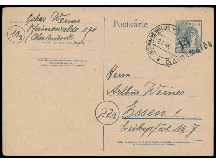 Ganzsache 12 Pf. &nbsp;mit seltenem Bezirkshandstempel &nbsp;14 Hainewalde &nbsp;(Handbuch Gruppe 5, auf Ganzsache im Handbuc