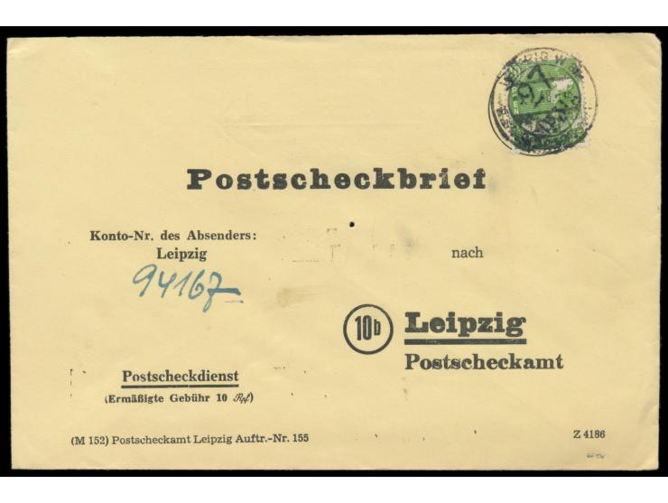 Bezirkshandstempel  27 Leipzig ...  auf 10 Pf. als Einzelfrankatur auf  Postscheckbrief  an PSchA Leipzig, Stempel Leipzig W 