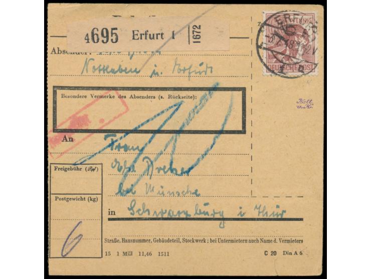 Bezirkshandstempel  16 Erfurt Land  auf 60 Pf. auf  Paketkarte,  Stempel Erfurt 1 3.7.48, nach Schwarzburg, roter R1 Nachgebü