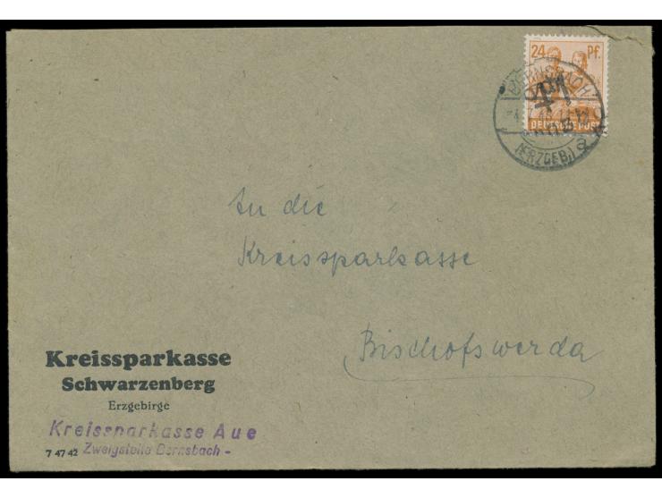 24 Pf. mit seltenem Bezirkshandstempel  41 Bernsbach  auf Brief der Kreissparkasse Aue / Zweigstelle Bernsbach, Stempel Berns