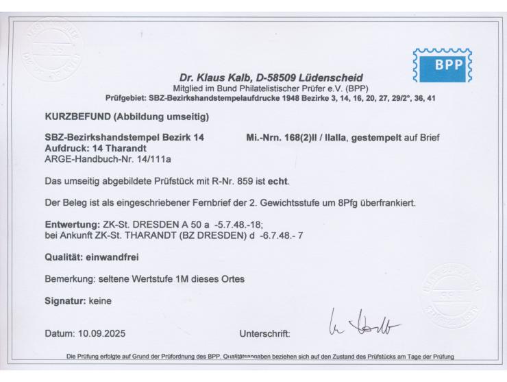 2 x 8 Pf. und  1 Mark Taube  mit Bezirkshandstempel  14 Tharandt  auf Einschreibbrief mit Stempel  Dresden A 50  5.7.48 nach 