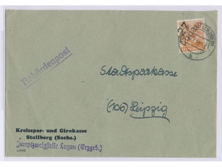 Bezirkshandstempel  b 27 Lugau  auf 24 Pf. auf Brief der "Kreisspar- und Girokasse Stollberg (Sachs.)" mit Stempel Lugau (Erz