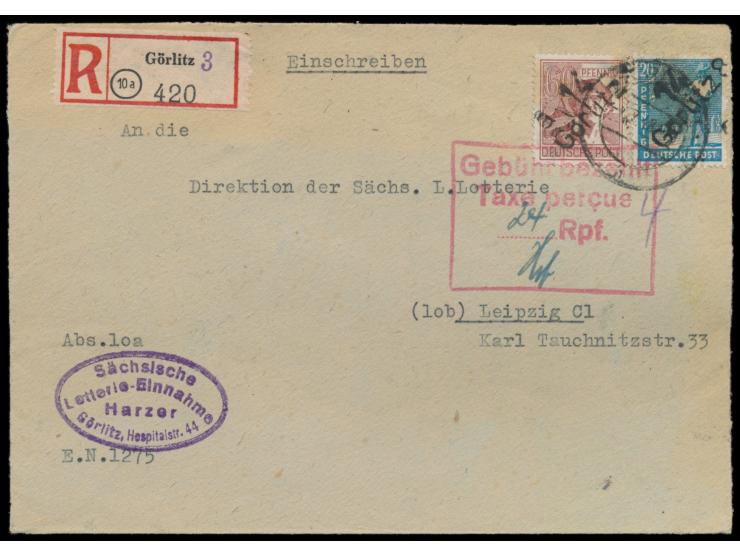 Bezirkshandstempel  14 Görlitz 8  auf 20 Pf. und  a 14 Görlitz 1  mit großem roten Stempel  Gebühr bezahlt / Taxe percue / ..