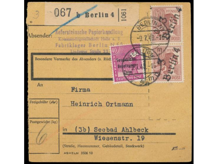 Bezirkshandstempel  a 3 Berlin 4  auf 60 Pf. im senkrechten Paar mit 40 Pf. Maschinen-Aufdruck auf  Paketkarte,  Stempel Berl