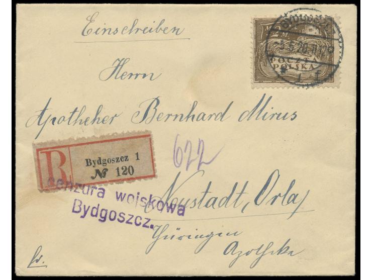 Einzelfrankatur 2 M. auf Einschreibbrief mit aptiertem deutschen Stempel  Bydgoszcz 1  5.5.20 und R-Zettel in deutscher Type 