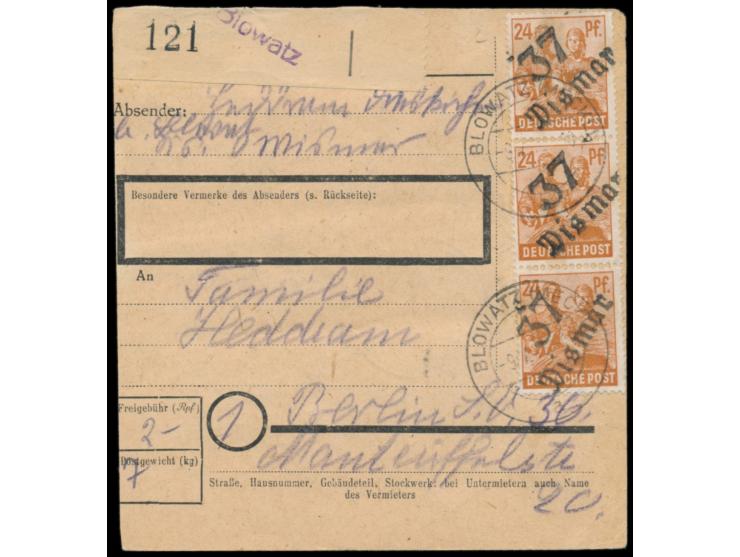 8 x 24 Pf. mit Bezirkshandstempel  37 Wismar  und 4 x 2 Pf. SBZ-Maschinenaufdruck beidseitig auf  Paketkarte  für ein Paket v