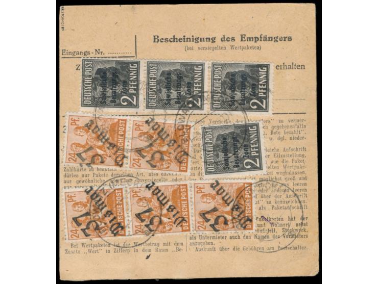 8 x 24 Pf. mit Bezirkshandstempel  37 Wismar  und 4 x 2 Pf. SBZ-Maschinenaufdruck beidseitig auf  Paketkarte  für ein Paket v