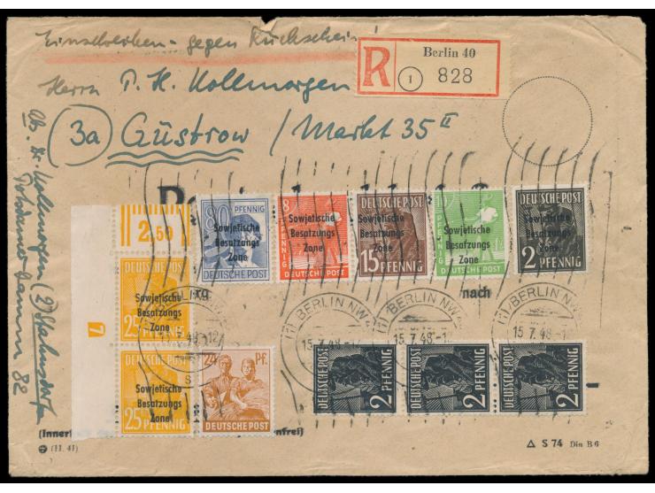 25 Pf. Maschinenaufdruck im senkrechten  Eckrandpaar mit Druckerzeichen 7  (negativ) in 10fach-Mischfrankatur auf  Einschreib