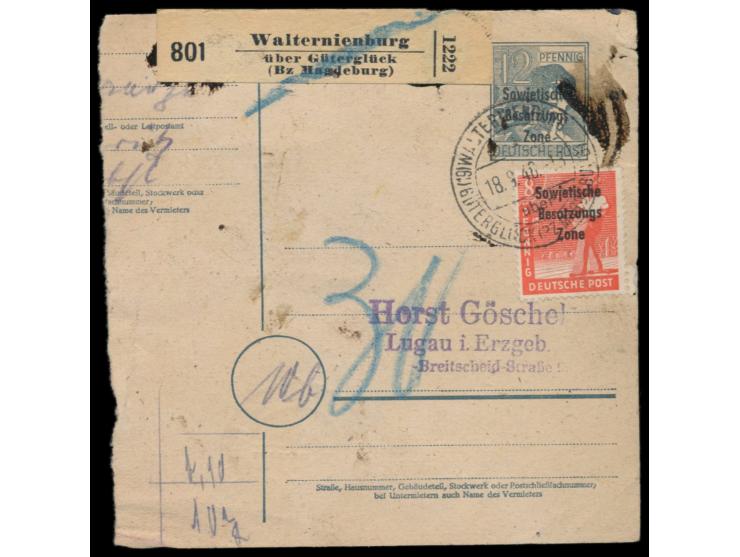 Ganzsache SBZ-Maschinenaufdruck 12 Pf. (Leimfleck im Wertstempel) mit Zusatzfrankatur Maschinenaufdruck 8 Pf., 2 x 20 Pf. und