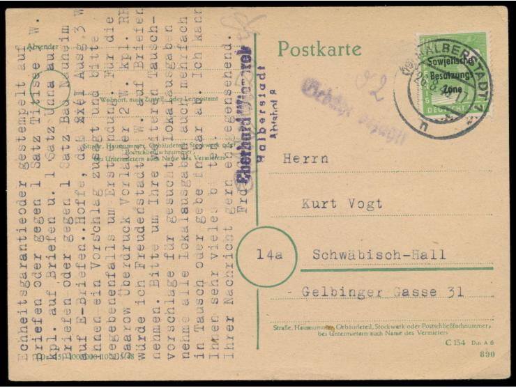 SBZ-Maschinenaufdruck 10 Pf. und violetter L1 Gebühr bezahlt als  Teilbarfrankatur  auf Postkarte mit Stempel  Halberstadt 1 