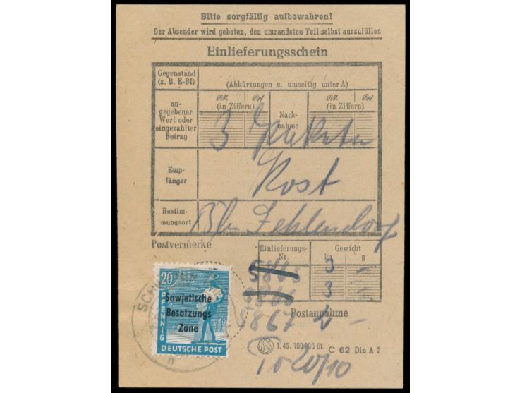 20 Pf. Maschinenaufdruck auf  Einlieferungsschein  für 3 Pakete nach Berlin-Zehlendorf, Stempel  Schwerin (Meckl)  20.10.48
P