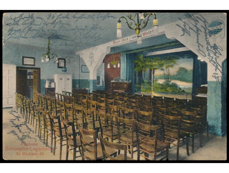 mehrfarbige Ansichtskarte  Posener Guttempler-Logenheim St. Marienstr. 65  (Innenansicht), Frankatur 2 x 25 f Sejm, aptierter