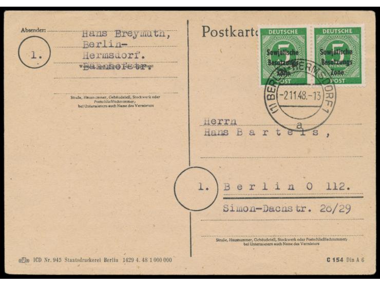 Paar 5 Pf. Ziffer mit Maschinenaufdruck auf Ortspostkarte, Stempel  Berlin-Hermsdorf  2.11.48, portorichtig, Bedarf
Postleitz
