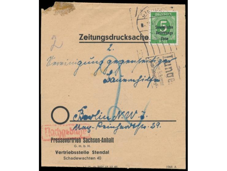 Einzelfrankatur 5 Pf. Ziffer mit Maschinenaufdruck auf unterfrankiertem Zeitungsstreifband, Handrollstempel  Stendal  4.12.48