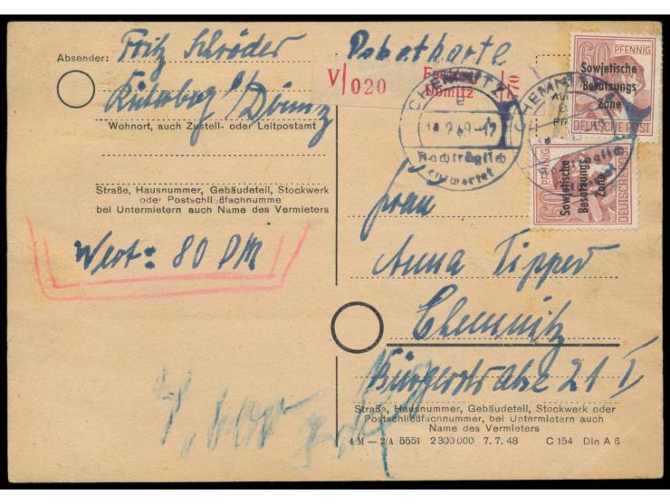 Maschinenaufdruck 2 x 60 Pf. vorderseitig und 20er-Block 5 Pf. Bär (eine Marke beschädigt) rückseitig auf C 154-Postkartenfor