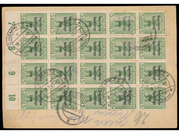 Maschinenaufdruck 2 x 60 Pf. vorderseitig und 20er-Block 5 Pf. Bär (eine Marke beschädigt) rückseitig auf C 154-Postkartenfor