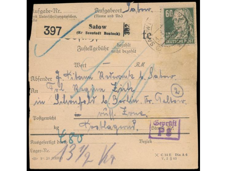 SBZ-Maschinenaufdruck 2 x 20 Pf. mit Köpfe 6 x 60 Pf. (eine Marke beschädigt) und 80 Pf. auf altem Formular  "Ersatzpaketkart