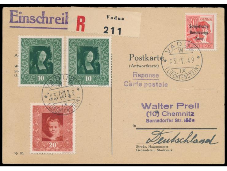 vorausfrankierte  Rückantwortkarte  mit 30 Pf. Maschinenaufdruck und  Liechtenstein  2 x 10 Rp. und 20 Rp. als Einschreibgebü