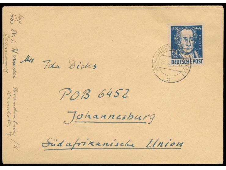 Einzelfrankatur  50 Pf. Goethe  auf Auslandsbrief nach Johannesburg / Südafrika, Stempel Brandenburg (Havel) 1 28.8.49, porto