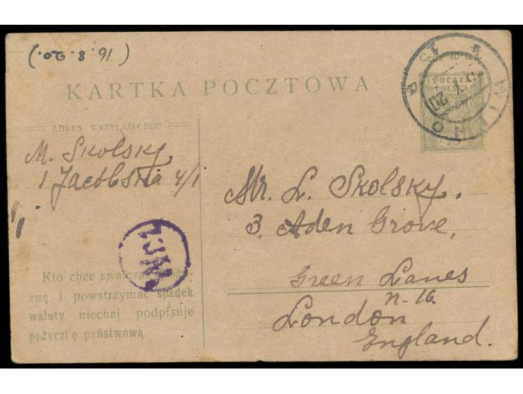 Wilna  - Polnische Besetzung 1919 - 1921: Ganzsache 25 f   nach London,   Stempel  Wilno  5.7.20, unterfrankiert, violetter Z