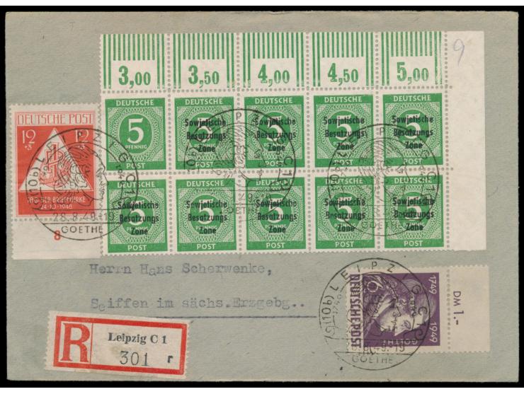 Eckrandzehnerblock &nbsp;5 Pf. Ziffer mit Maschinenaufdruck, dabei &nbsp;Paar mit und ohne Aufdruck, &nbsp;zusammen mit 2 x 2