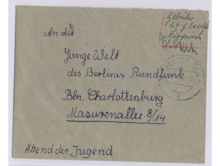 Brief mit Stempel  Wildau (Kr. Teltow)  10.9.49 und handschriftlich  "Gebühr 24 Pf. bezahlt"  und zwei Unterschriften, an den