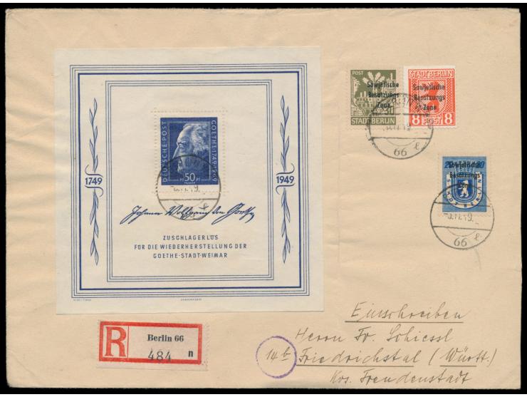 Goethe-Block  mit Maschinen-Aufdruck 8 Pf., 20 Pf. und 30 Pf. Bär auf Einschreibbrief 2. Gewicht (Format 20,5 x 15 cm), Tages