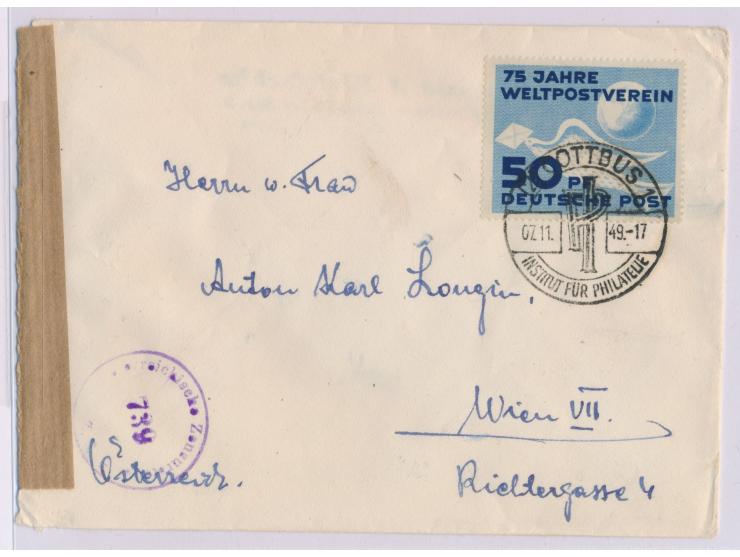 Einzelfrankatur  50 Pf. "75 Jahre UPU"  auf Auslandsbrief, Werbestempel  Cottbus  7.11.49, nach Wien, links österreichische Z