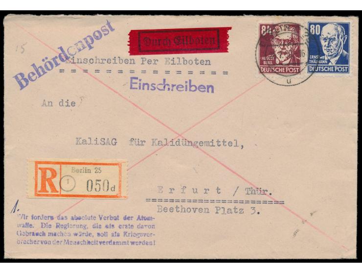 80 Pf. und 84 Pf. Köpfe auf &nbsp;Eilboten-Einschreibbrief &nbsp;mit Stempel &nbsp;Berlin C 25 &nbsp;26.7.50 nach Erfurt, L1 