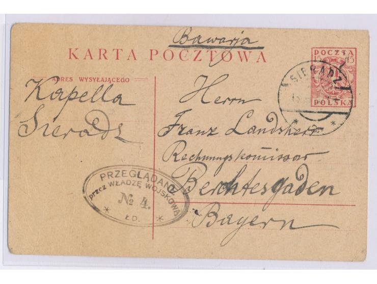 Ganzsache 15 F. mit Stempel Sieradz 13.8.20 nach Deutschland, Ovalstempel der  Zensurstelle Lodz  mit No. 4, selten deutliche