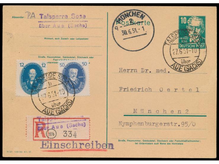 Stempel  Talsperre Sosa über Aue (Sachs)  27.6.51 auf Ganzsache 10 Pf. mit Zusatzfrankatur Akademie der Wissenschaften 12 Pf.