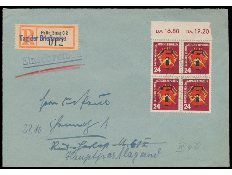 5-Jahrplan 24 Pf. im Oberrand-Viererblock auf  Einschreibbrief  mit Stempel Halle 28.10.51 nach Chemnitz, R-Zettel  Halle C 2