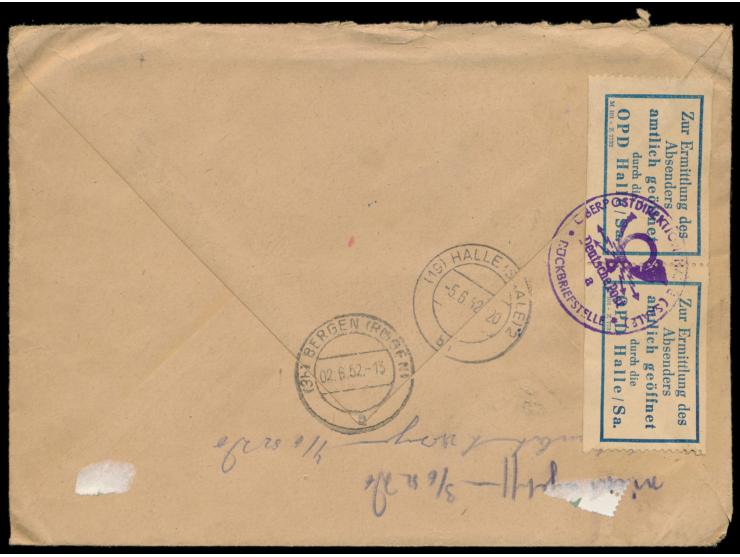Einschreibbrief 2. Gewicht mit Sonderstempel  Halle (Saale) C 2  / Eröffnung des Zweigpostamtes S 25 31.5.1952 nach Bergen au
