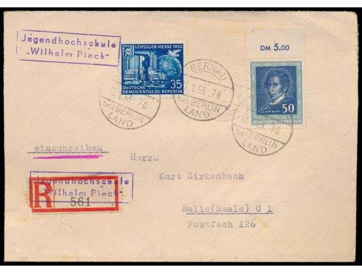 Einschreibbrief mit Sondermarken-Frankatur, Stempel  Bernau bei Berlin Land  12.1.53, Blanko-R-Zettel mit violettem R2  Jugen