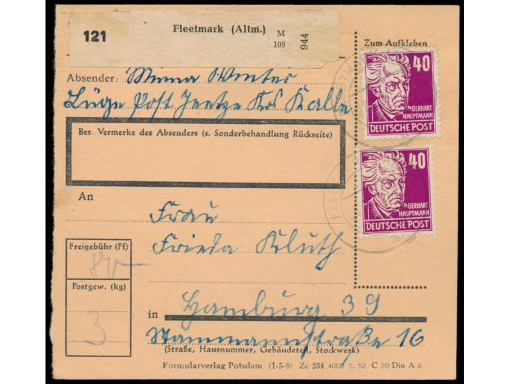 2 x 40 Pf. (Wasserzeichen 2) auf  Paketkarte  mit Stempel  Fleetmark (Altm)  28.3.53 nach Hamburg
Postleitzahl: 061
