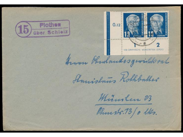 12 Pf. Pieck als waagerechtes Eckrandpaar links unten mit  Druckvermerk "VEB Graphische Werkstätten Leipzig"  auf Brief mit S