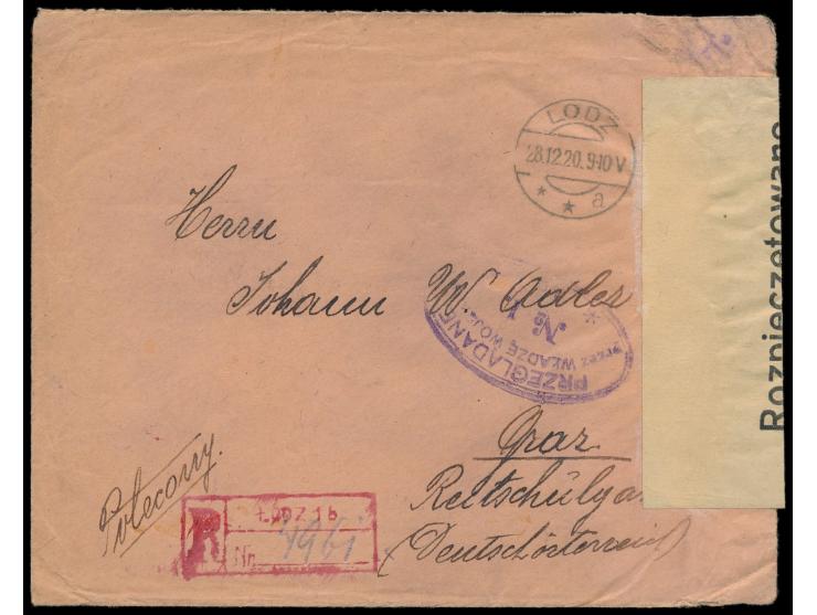 10 x 1 M. und 10 M. rückseitig auf  Einschreibbrief  mit deutschem Stempel  Lodz a  28.12.20 nach Österreich, roter R-Stempel