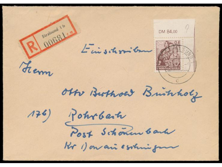 Einzelfrankatur  84 Pf. Fünfjahrplan  als  Eckrandstück rechts oben  auf Einschreibbrief mit Stempel Stralsund 24.8.53 nach R