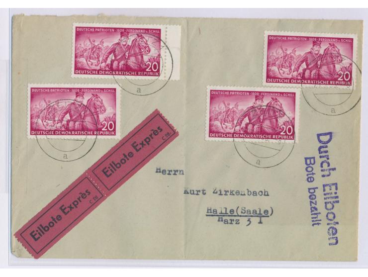 4 x 20 Pf. "Deutsche Patrioten" auf Eilbotenbrief mit Stempel Zeitz 1 28.3.55 nach Halle, Ankunftstempel 28.3.55, portorichti